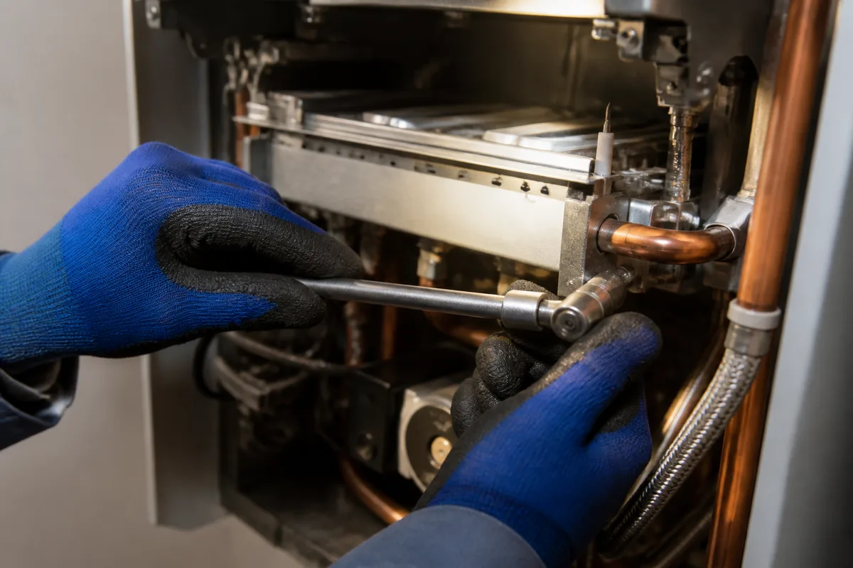 Chaudière gaz murale ouverte, un technicien règle le brûleur avec une clé