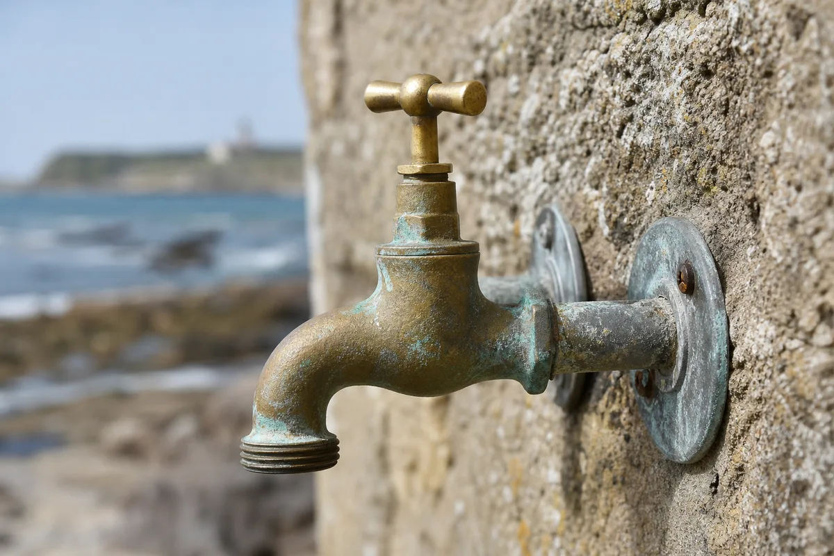 Robinetterie extérieure marquée par la corrosion marine sur la façade d&rsquo;une maison du littoral du Cotentin