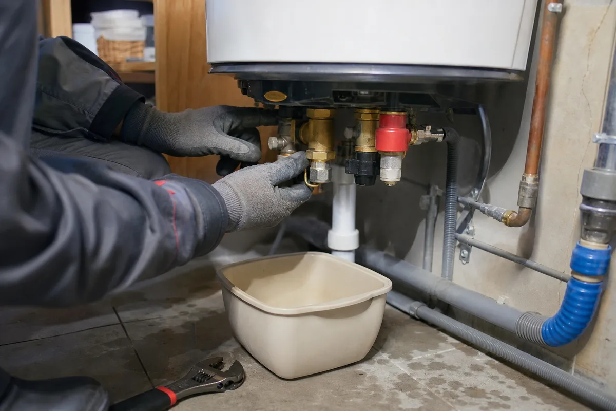 Installateur intervenant sur un chauffe-eau thermodynamique