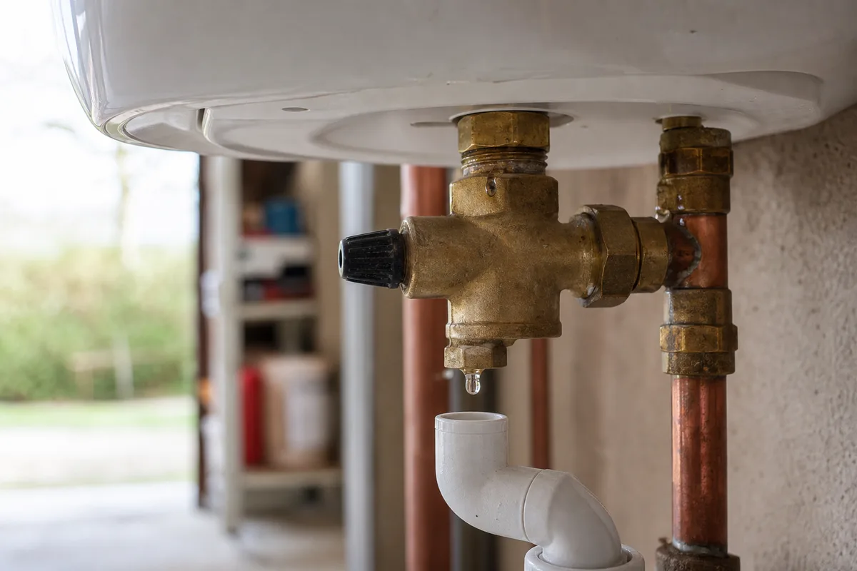 Gros plan sur un groupe de sécurité de chauffe-eau thermodynamique qui goutte dans son siphon
