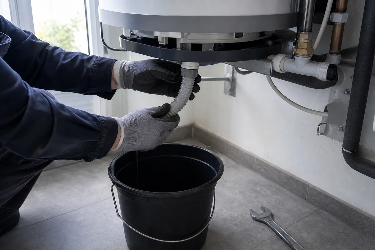 Vidange d’un chauffe-eau thermodynamique avec contrôle du bac à condensats et des raccords