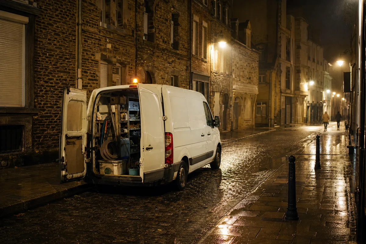 Fourgon d’un plombier dépanneur garé de nuit dans une rue du centre de Cherbourg