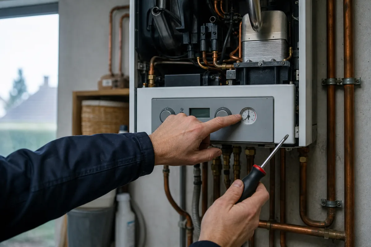 Mains d’un chauffagiste contrôlant le manomètre d’une chaudière murale à gaz