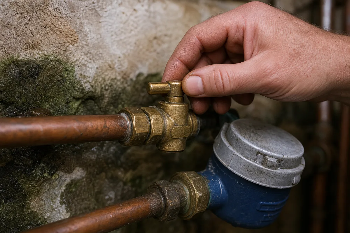 Main fermant le robinet d’arrêt général de l’eau