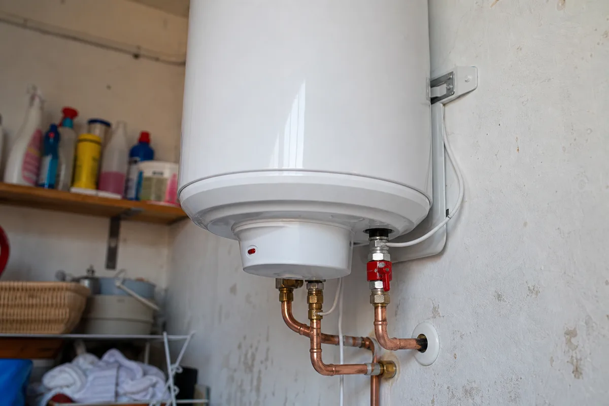 Cumulus électrique neuf fixé au mur d&rsquo;une buanderie