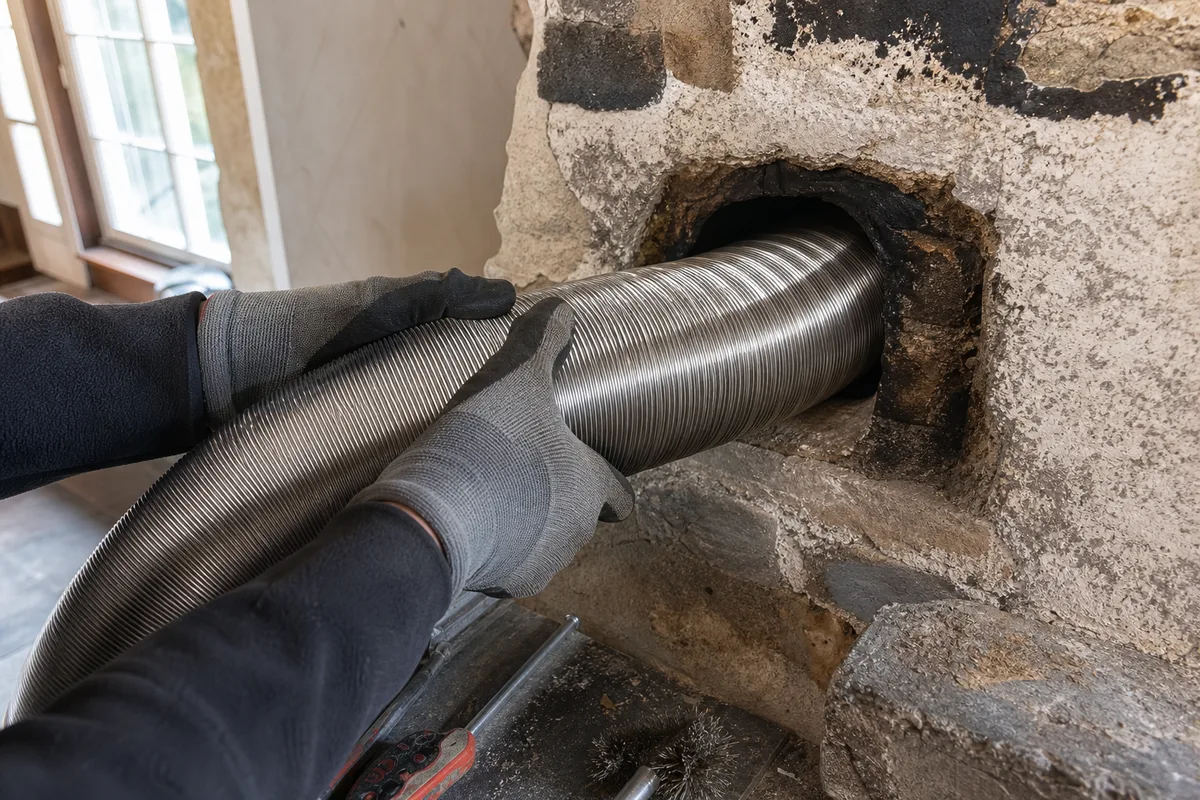 Tubage inox d’un conduit de cheminée dans une maison ancienne du Cotentin