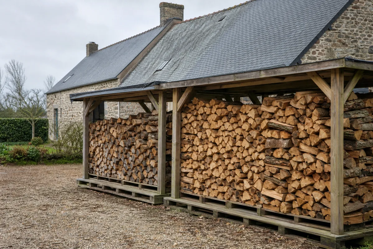 Stère de bois de chauffage sec stocké sous un abri ventilé en Normandie