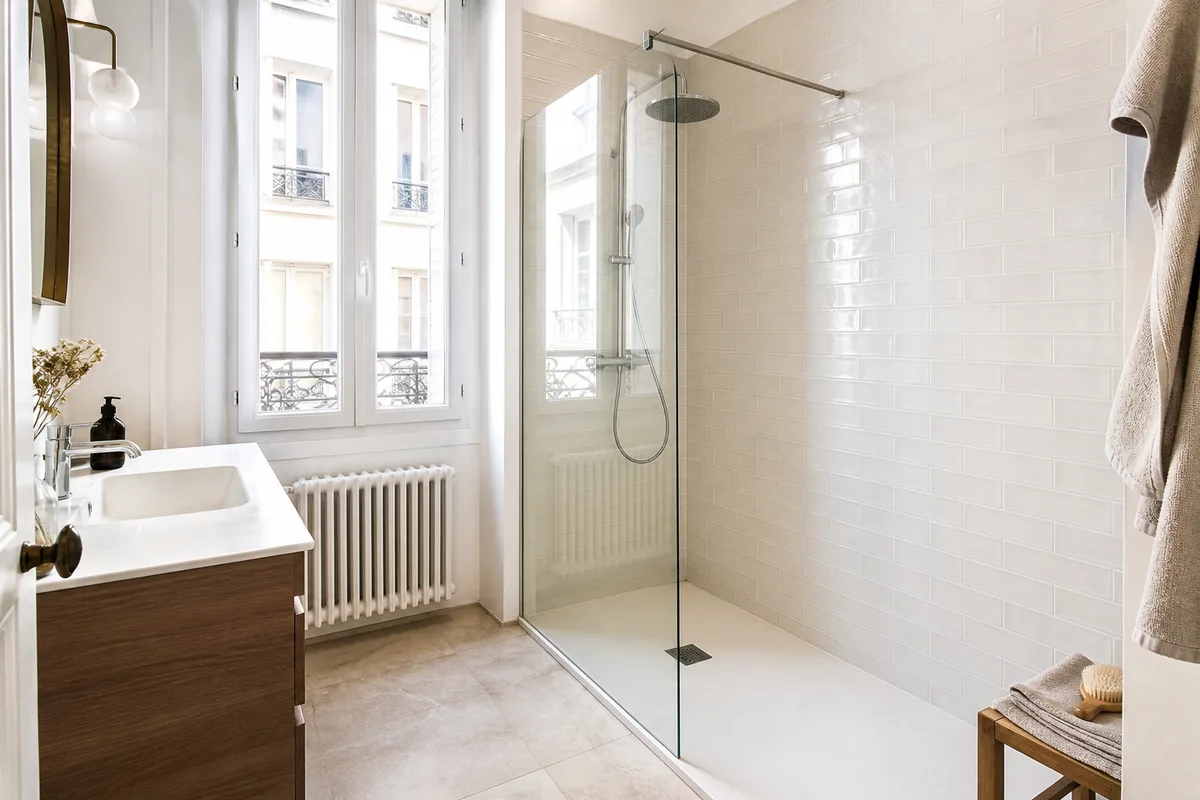 Douche à l&rsquo;italienne lumineuse avec receveur extra-plat dans une salle de bain rénovée